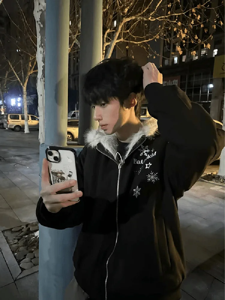 

Winter Snowflake Embroidery Hooded Cotton Jaet Men's American High Street Sli Warmth Couple Cotton Coat Thi Long Sve