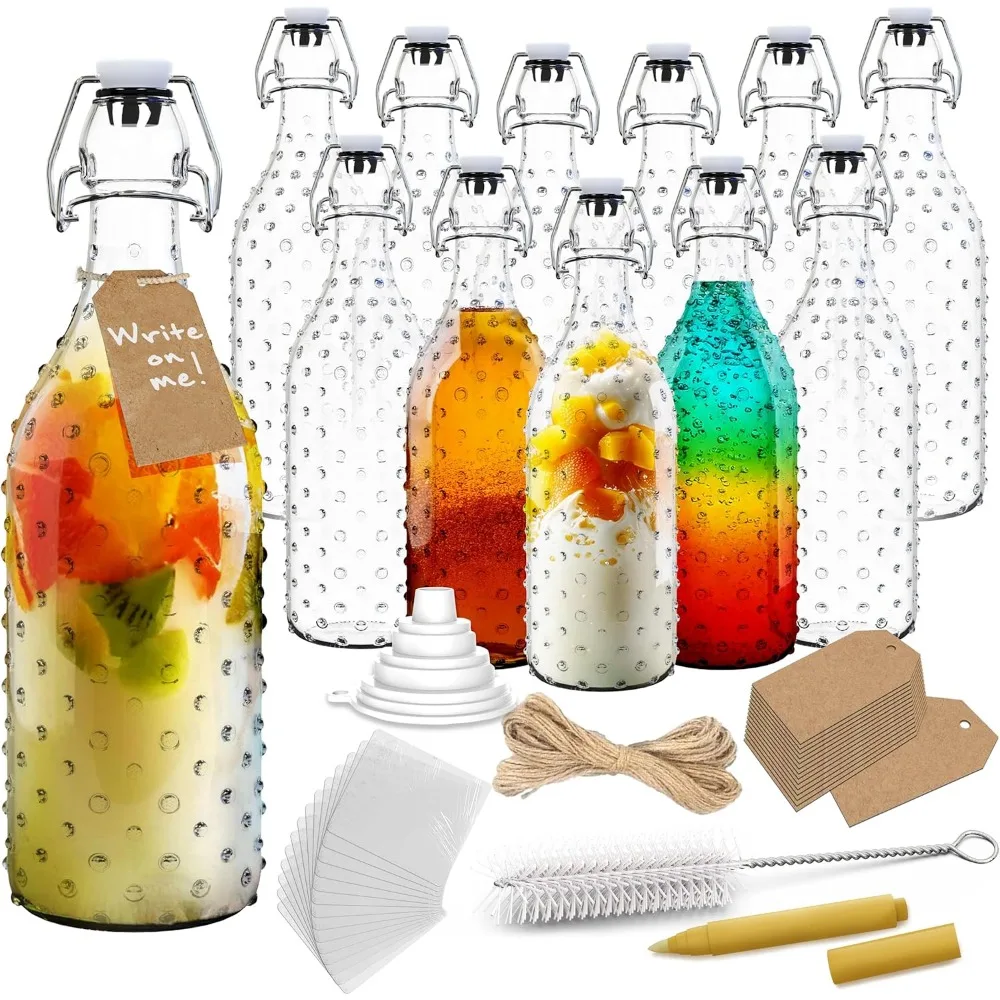 

17 Oz Dotted Flip Top Bottles 12 Pack Set | Swing Top Glass Bottles with Lids, Shrink Wrap, Paper Tags + String, Funnel, Cleani