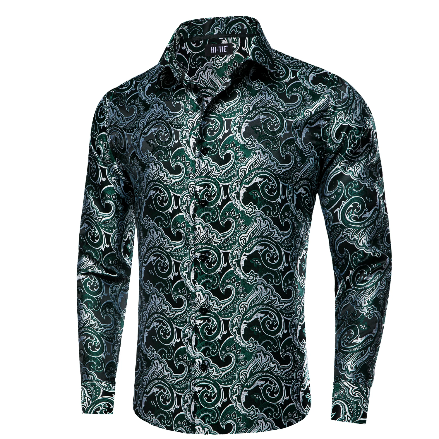 Elegant Green Grey Mens Shirts High Quality Silk Long Sleeve Paisley Lapel Jacquard Shirt For Male Business Wedding Party Hi-Tie