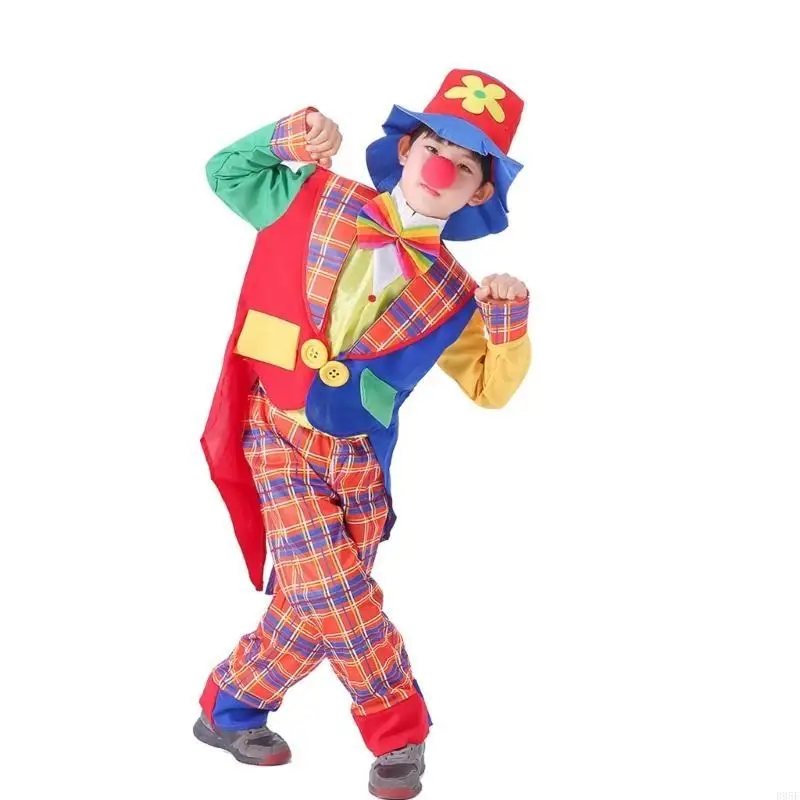 Disfraz payaso Halloween B95F con abrigo, pantalones, zapatos payaso, sombrero payaso