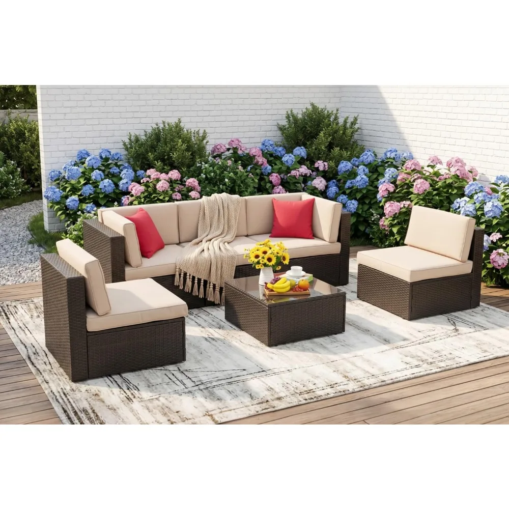 6-Piece Wicker Patio Sectional Sofa Set, PE Rattan All-weather Furniture with Coffee Table for Garden Backyard Poolside, Custom