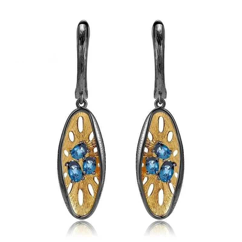 Pendientes Colgantes BKBK de Dos Tonos con Topacio Azul de Londres, Diseño Ovalado Hueco, Joyería de Alta Gama de Moda Coreana para Amantes del Arte Moderno, Visitantes de Galerías, Regalo de Navidad, Acción de Gracias, San Valentín, Cócteles, Cenas de Negocios, Viajes de Fin de Semana a la Ciudad, Adornos para las Orejas