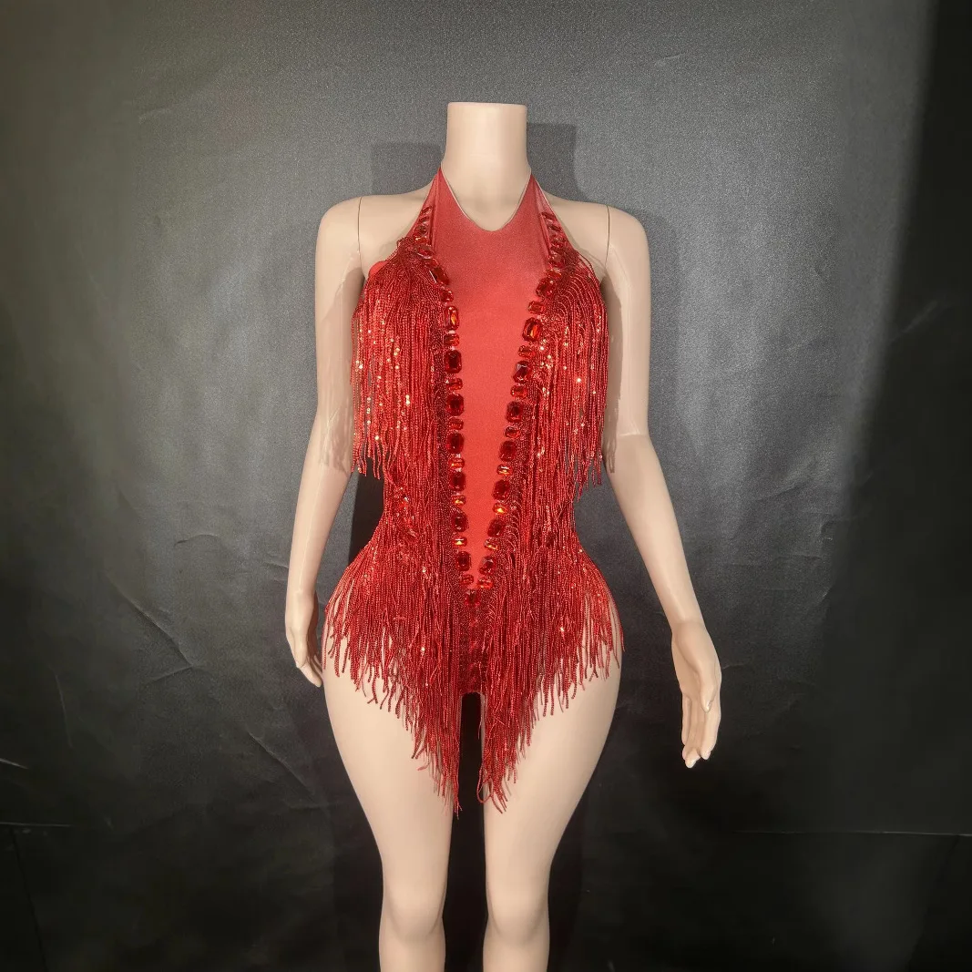 Europese en Amerikaanse dans sexy sprankelende strass elastische pailletten franje jumpsuit toneelvoorstelling kostuum mode bal