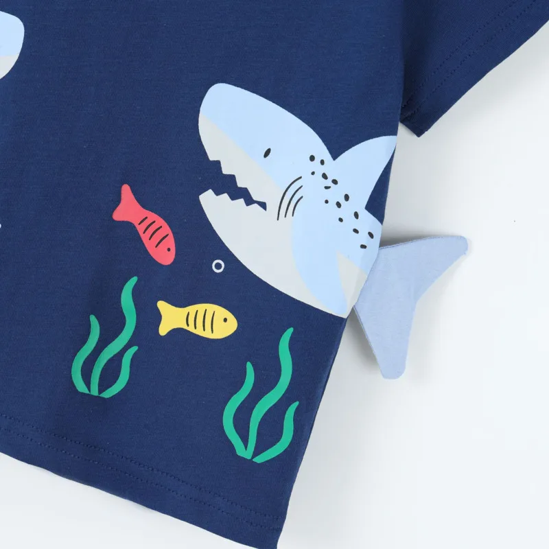 26 Spring Summer Cartoon Boys Toddler 2piece Set Outfit Round Neck Short Sleeve Pants Cute Shark Print Children Kid 3-12 Years