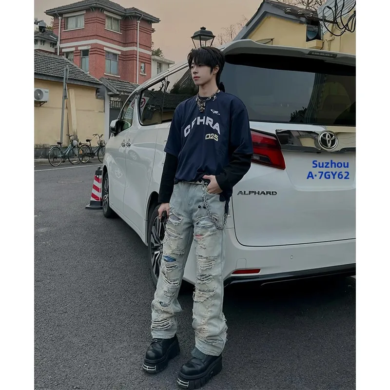 

Мужские летние джинсы American High Street Cleanfit с рваным дизайном, стильные прямые джинсы, молодежные модные длинные брюки, износостойкие