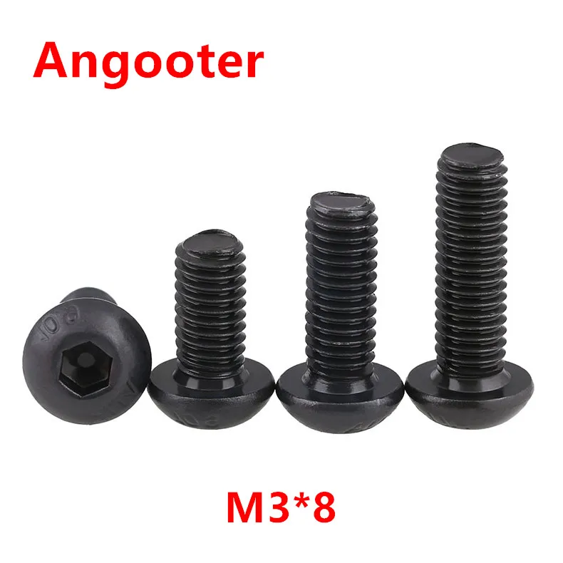 100pcs ISO7380 M3*8 Black Steel 10.9 grade Round Head Screws M3x8 Hex Socket Button Head Cap Screw Screws Bolts