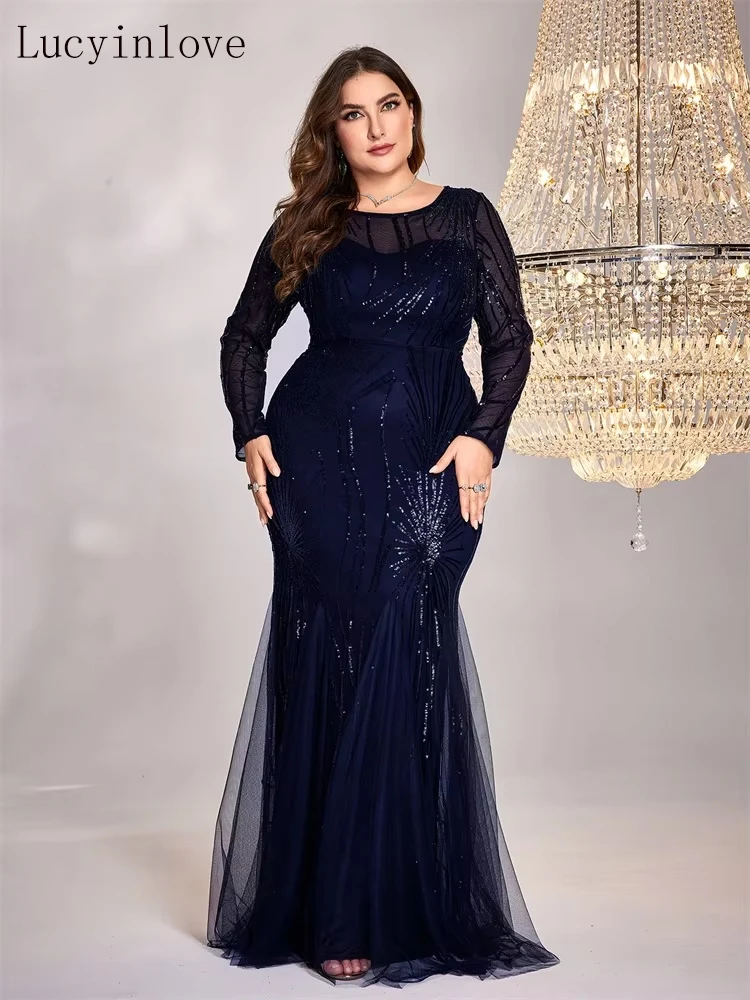 

Lucyinlove Plus Size Elegant Long Sleeves Sequins Evening Dresses Luxury Mermaid Formal Bridesmaid Party Maxi Cocktail Gowns