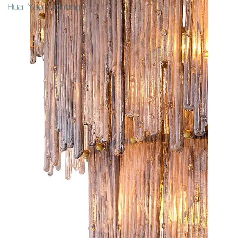 Smokey Gray Icicle Glass Chandelier Staircase Home Decoration Hanging Lamps for Ceiling Living Room Lustre Luxury