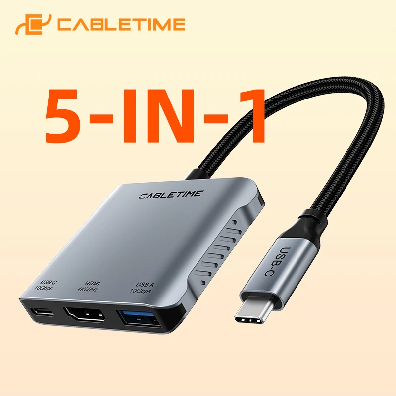 CABLETIME USB C 허브, 듀얼 HDMI 어댑터, 노트북 맥북 프로 에어용 도킹 스테이션, 4K, 60Hz, 5 in 1, USB C 3.2, PD140W