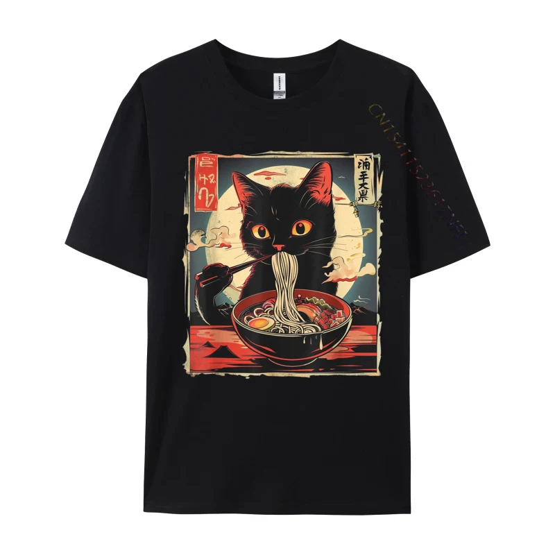 

Retro Japanese Kawaii Cute Cat Eating Ramen Poster Casual Cotton Print Tops & Tees Special Adult T Shirt Printing Tee-Shirt