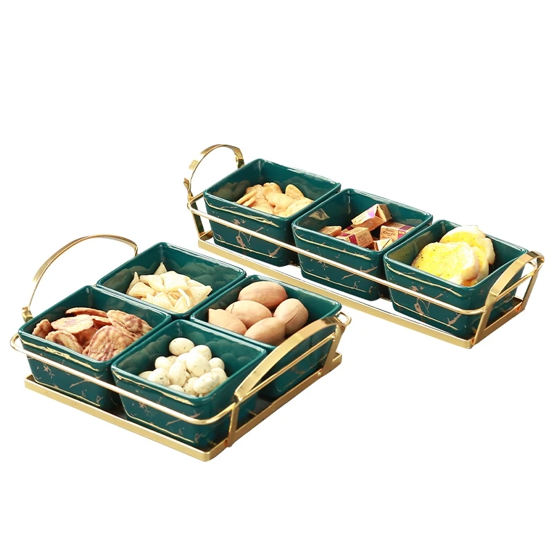 European-style Marble Snack Platter Ceramic Dried Fruit Tray Storage Box Metal Shelf Household Snacks Candy Home