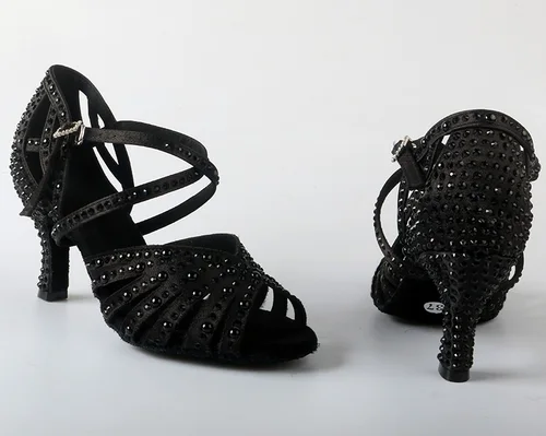 Imagen 2 del producto Venus señuelo tacones de baile Salsa zapatos de baile latino negros cristales tela satinada tacones altos sandalias de moda tacón medio 7,5 CM