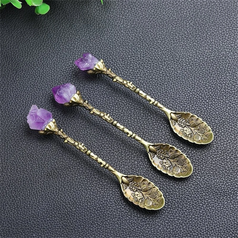 Natural amethyst tooth flower scoop Ice cream dessert scoop Creative carved long handle mixing spoon