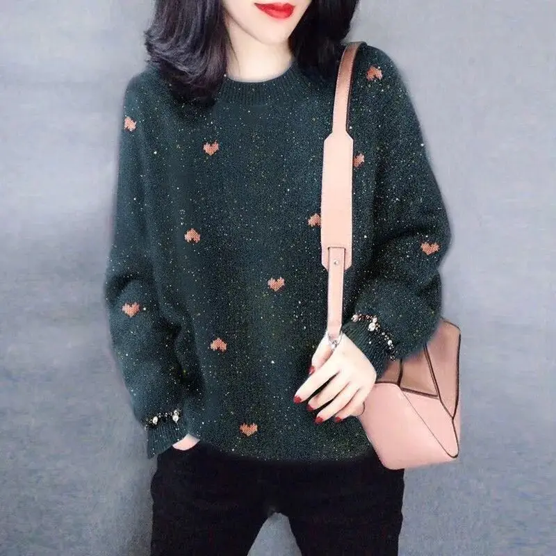 Fashion Knitted O-Neck Spliced Korean Sweater Women\'s Clothing 2023 Spring New Casual Pullovers Loose All-match Warm Tops