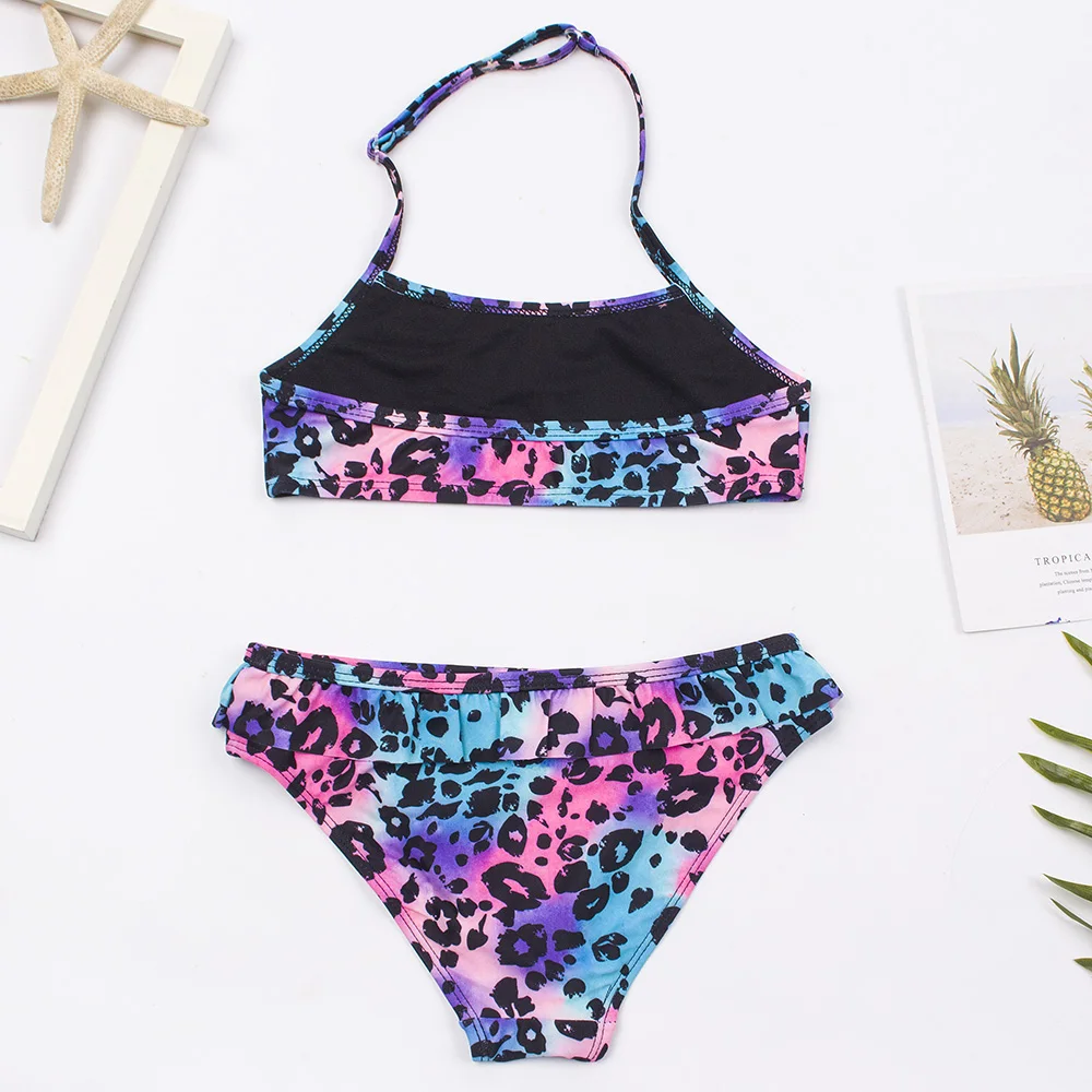 7-14 Years Falbala Leopard Print Girls Kids Swimsuit Swimwear 2023 Kid Summer Bikinis Set Children Halter Biquini Swimming Suit