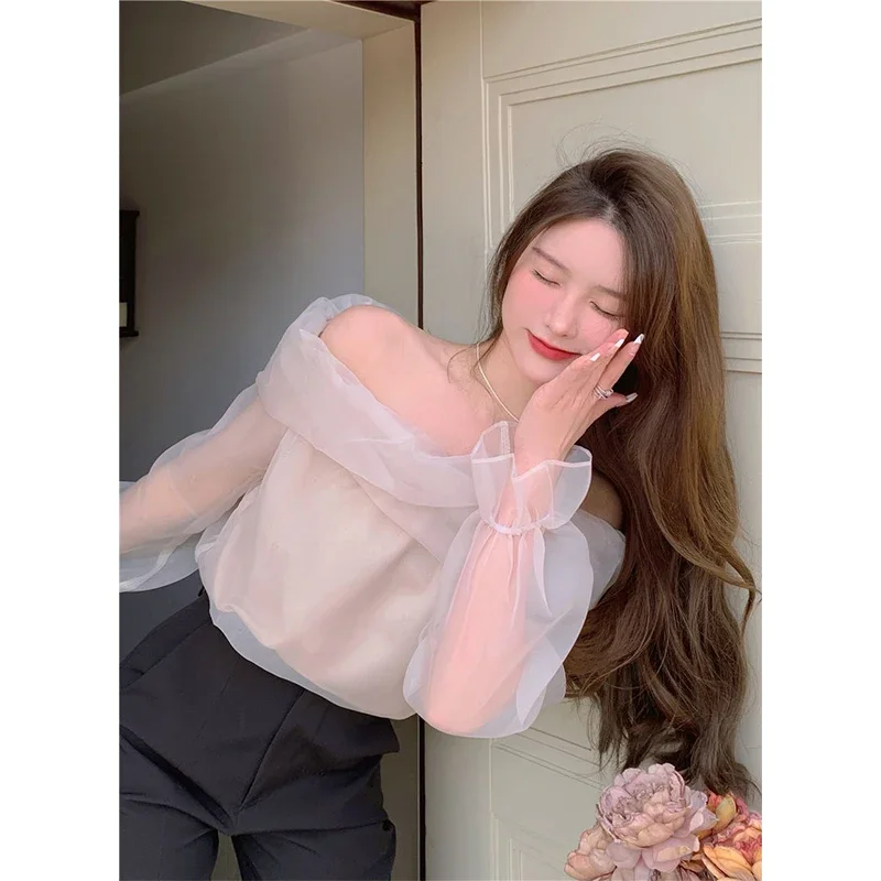 Mexzt เสื้อคอปาดผู้หญิงเสื้อเบลาส์เปิดไหล่ผ้าตาข่ายอ่อนหวานสำหรับสาวออฟฟิศเสื้อหรูหราเข้ารูปแขนยาวสุดชิค
