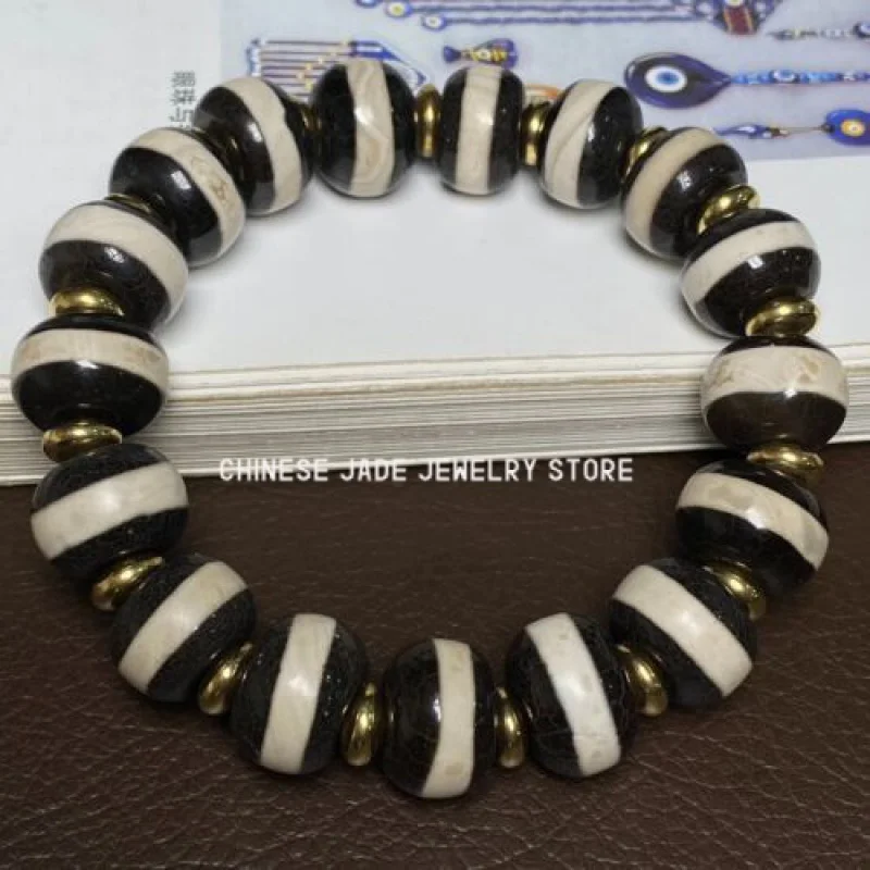 Ancient Tibetan Old Agate White 1 Stripe DZI Beads Amulet Bracelet Handstring