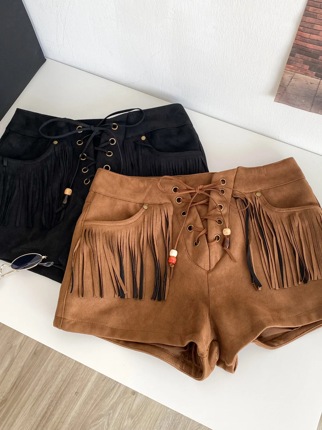 Pantalones Retro americanos de piel de ciervo de terciopelo para mujer, pantalones de pierna ancha de cintura alta, diseño de borla, informal, para ir al trabajo, verano 2025