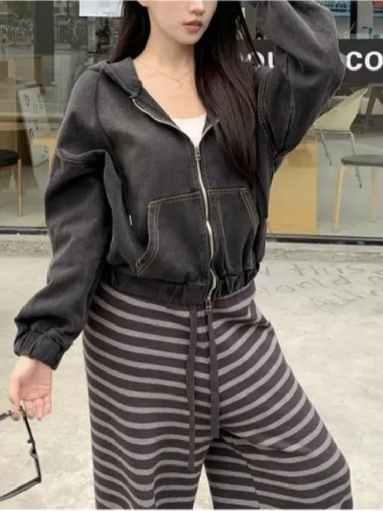 East Gate 2025 春秋 カジュアル クールガール レトロ フード付き ドローストリング 防風 デニムジャケット レディース ファッション ストリートウェア