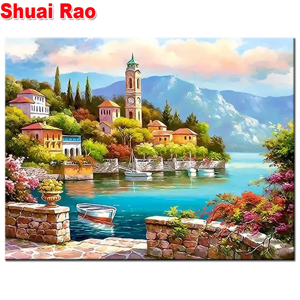 

Coastal scenery Diamond Painting Cross Stitch City Mediterranean Landscape Full Round Drill Embroidery Diamond Mosaic Home Decor