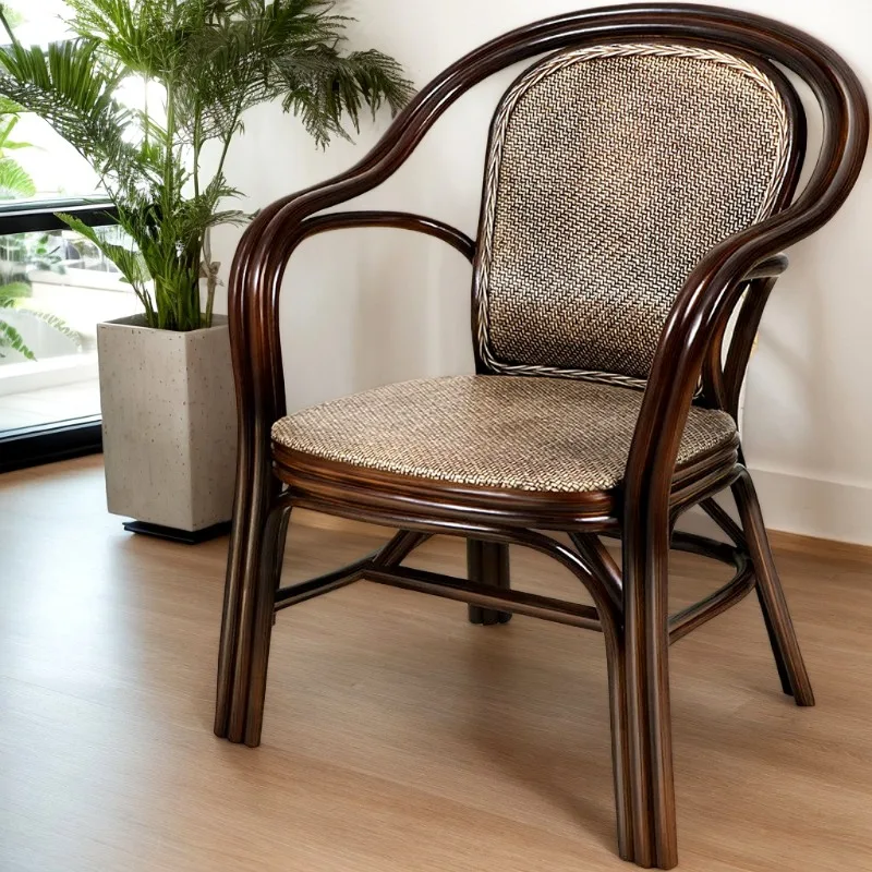 Handwoven Natural Rattan Contemporary Armchair Ergonomic Curved Frame Leisure Accent for Living Room Balcony Woven