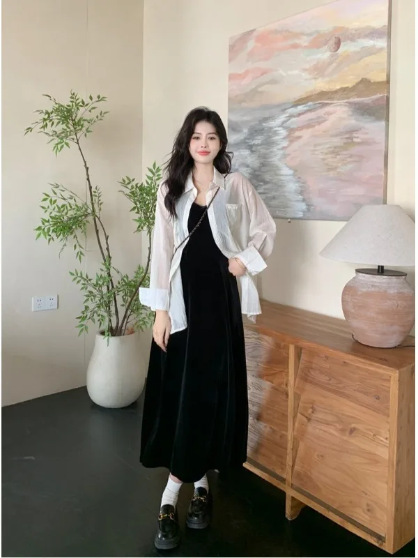 

plus Size Velvet Long Sleeve Shirt Jacket And Velvet Halter Dress Two Piece Set for plus Size Women Autumn Commute Style High...