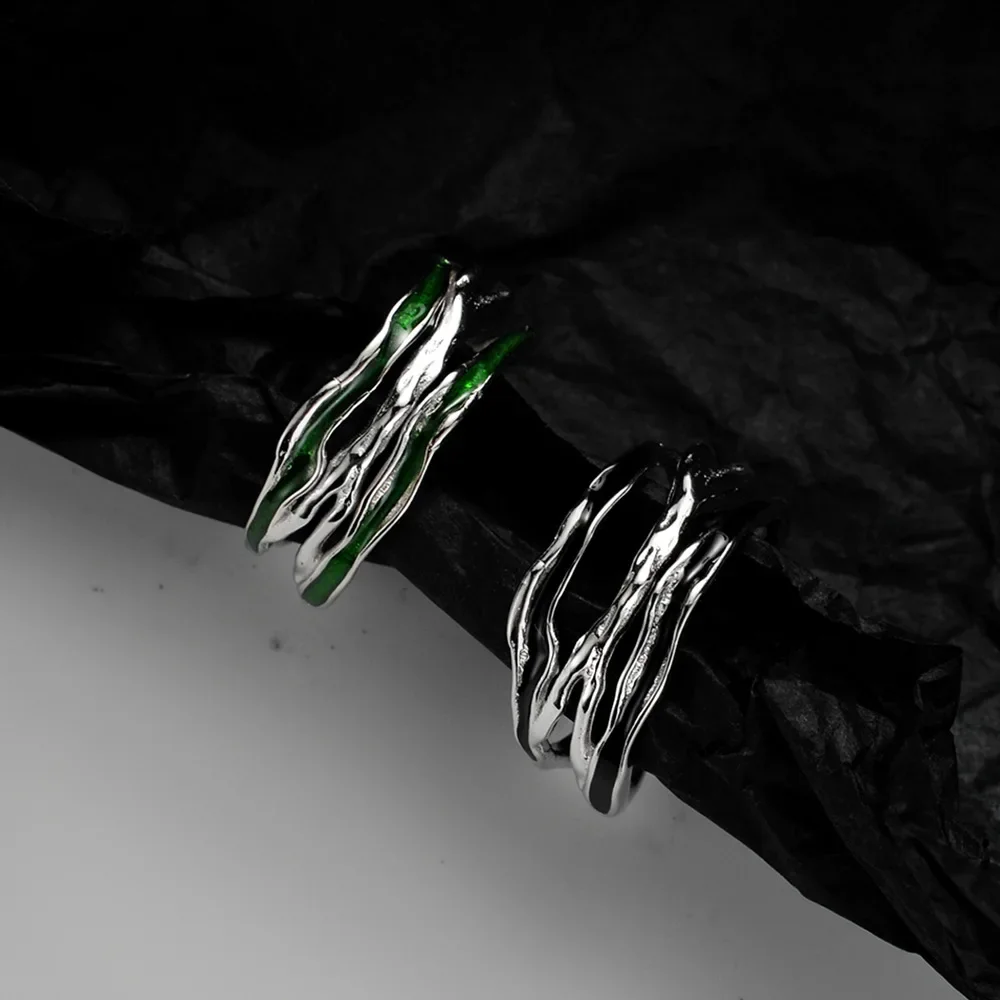 

Youth of Vigor Emerald Black Enamel Wide Irregular Solid 925 Silver Ring Polished Alien Liquid Pattern Party Open Rings R1242