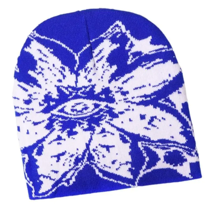 

31BB Unisex Jacquard Eye Flower Pattern Knitted Hat Fashionable Winter Warm Hiphop Bonnet Skull Hat for Men and Women