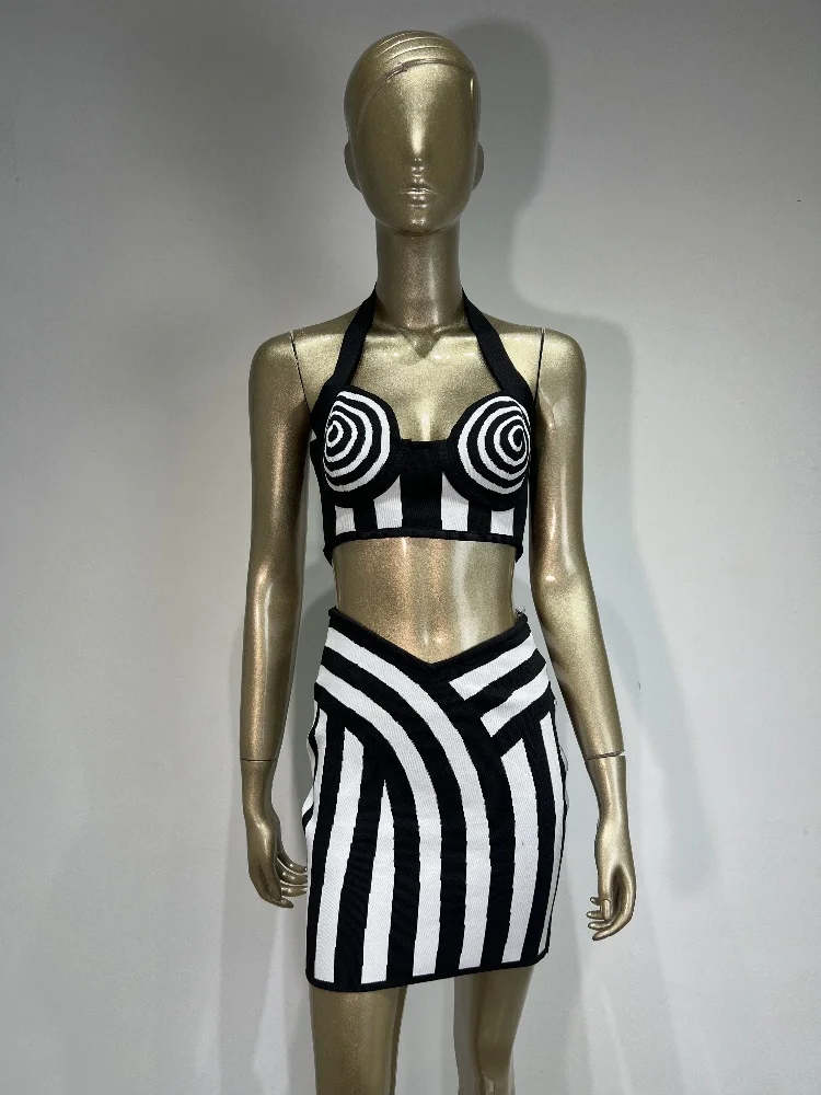 Nowość Kobiety Lato 2024 Celebrity Sexy Striped Jacquard Mini Bandage Skirt Suit Dzianina Elegancki Wieczór Klub Impreza Dwuczęściowy Zestaw