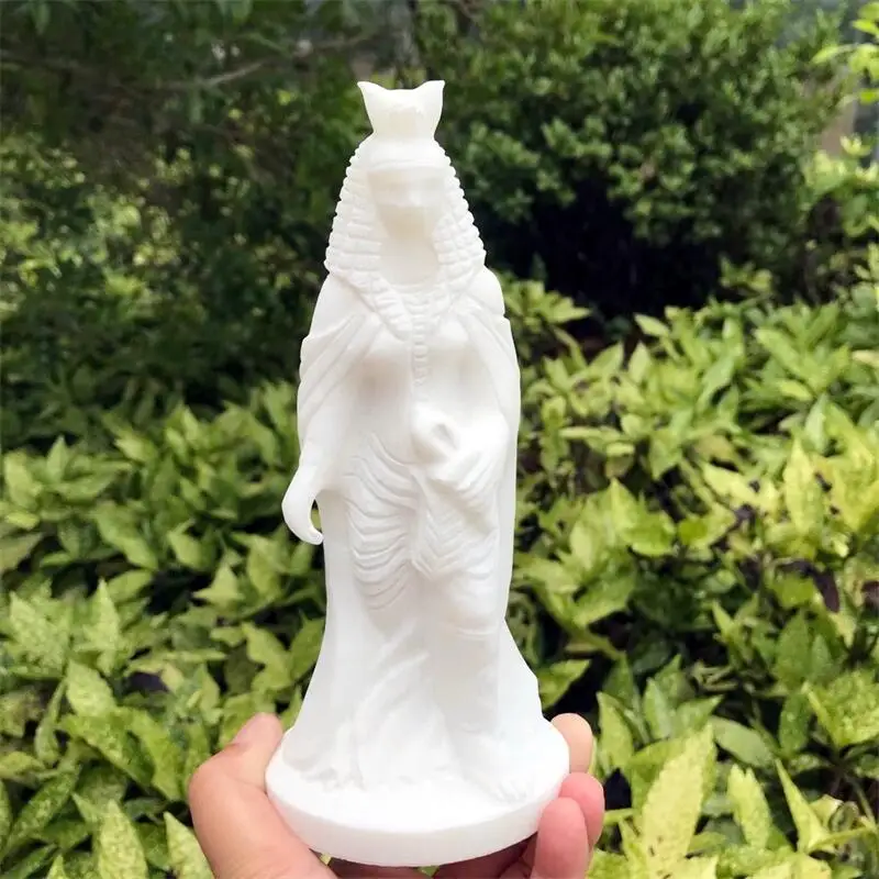 

20CM Natural White Marble Jade Egyptian Goddesses Statue Carving Quartz Healing Crystal Stone Gifts Home Decoration 1PCS