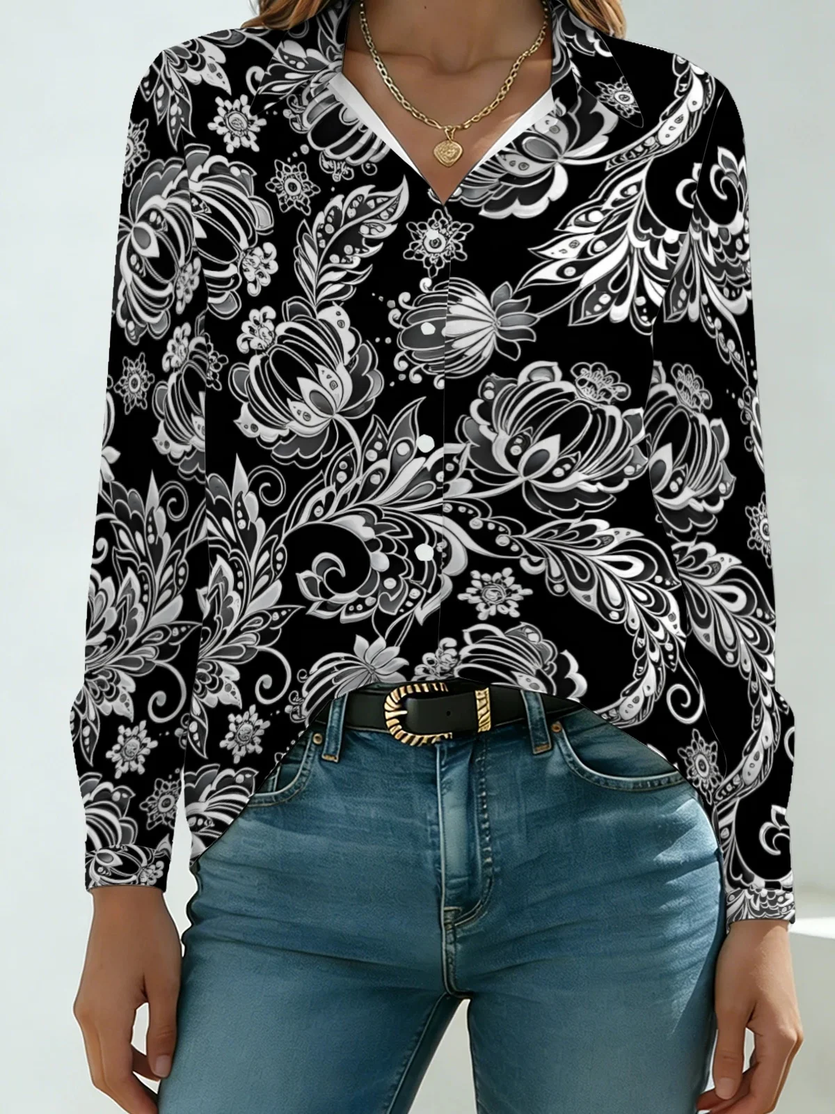 Chic Office Monochrome Mandala Lotus Women Long Sleeve Shirt Solid Black White Gray Gradient Paisley Vine Lapel Button Down Dail