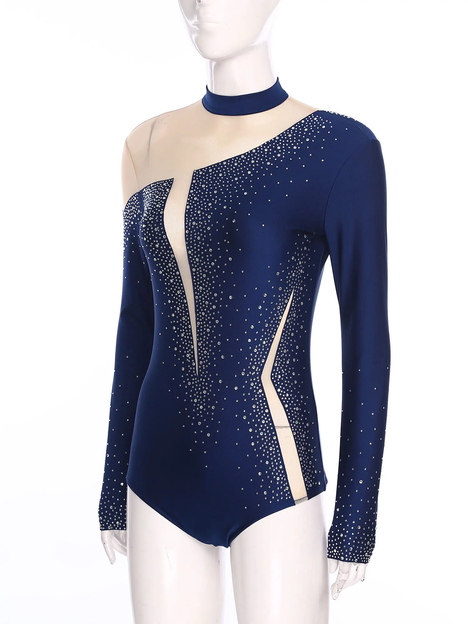 Body da donna con strass lucidi, pattinaggio di figura, ginnastica, body a maniche lunghe in rete trasparente per spettacoli di danza classica e acrobazie
