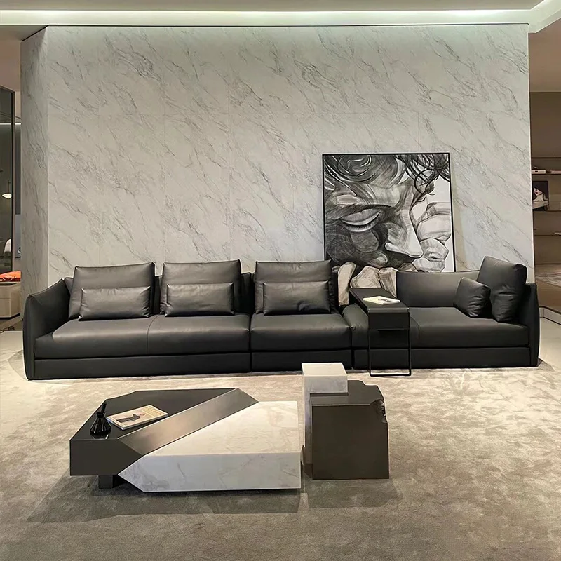 Italian minimalist sofa, simple modern small apartment black leather module sofa