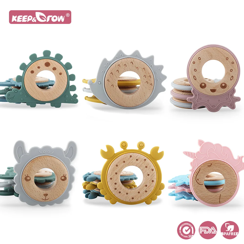 

1Pcs Animals Beech Wooden Teether BPA Free Silicone Teething Rings For Baby Pacifier Chain Making Chewable Baby Teether Toys