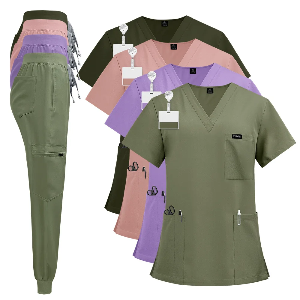 Women's Skin Care Medical Scrub Set V Neck Top and Jogger Pants Uniform Hospital Clinic Dental Nurse Workwear Медицинский Костюм