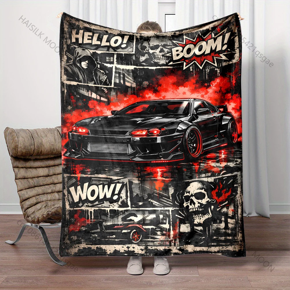 1 Stück coole, modifizierte Auto- und Totenkopf-Comic-Elemente bedruckte warme Decken für Erwachsene und Kinder, für Zuhause, Reisen, Auto, weich, bequem, luxuriöse Geschenke