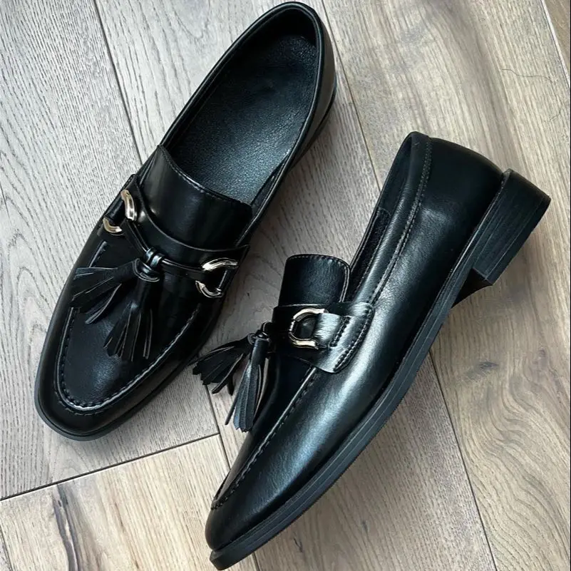 Meotina INS  ZA Women Loafers Genuine Leather Flat Shoes Metal Decoration Tassel Round Toe Lady Footwear Spring Autumn Black 43