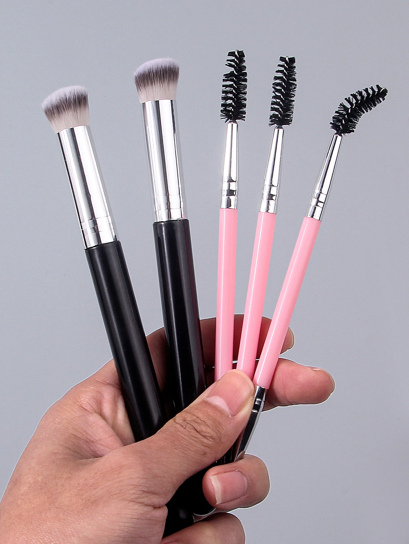 5-delige professionele make-upborstelset: concealerborstel + tweekoppige spiraalvormige mascaraborstel / eyelinerborstel, draagbare schoonheidstools