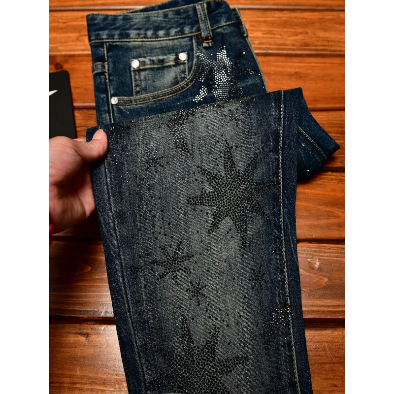 Men's jeans with print design, elastic, trendy, washed, vintage blue pants