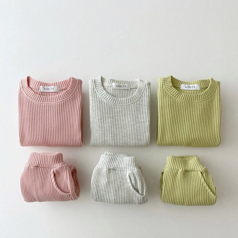 Ensemble deux pièces en tissu gaufré pour bébé, sweat-shirt et pantalon, vêtements pour garçons et filles, printemps et automne