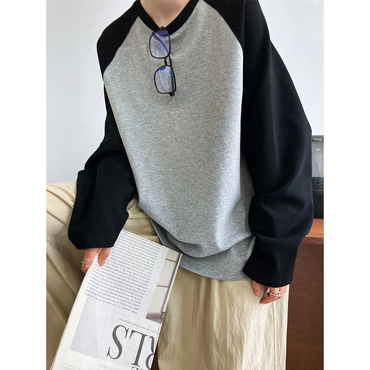 

casual contrast color profile T-shirt women's loose lazy ins color matching raglan sleeves long-sleeved bottoming top