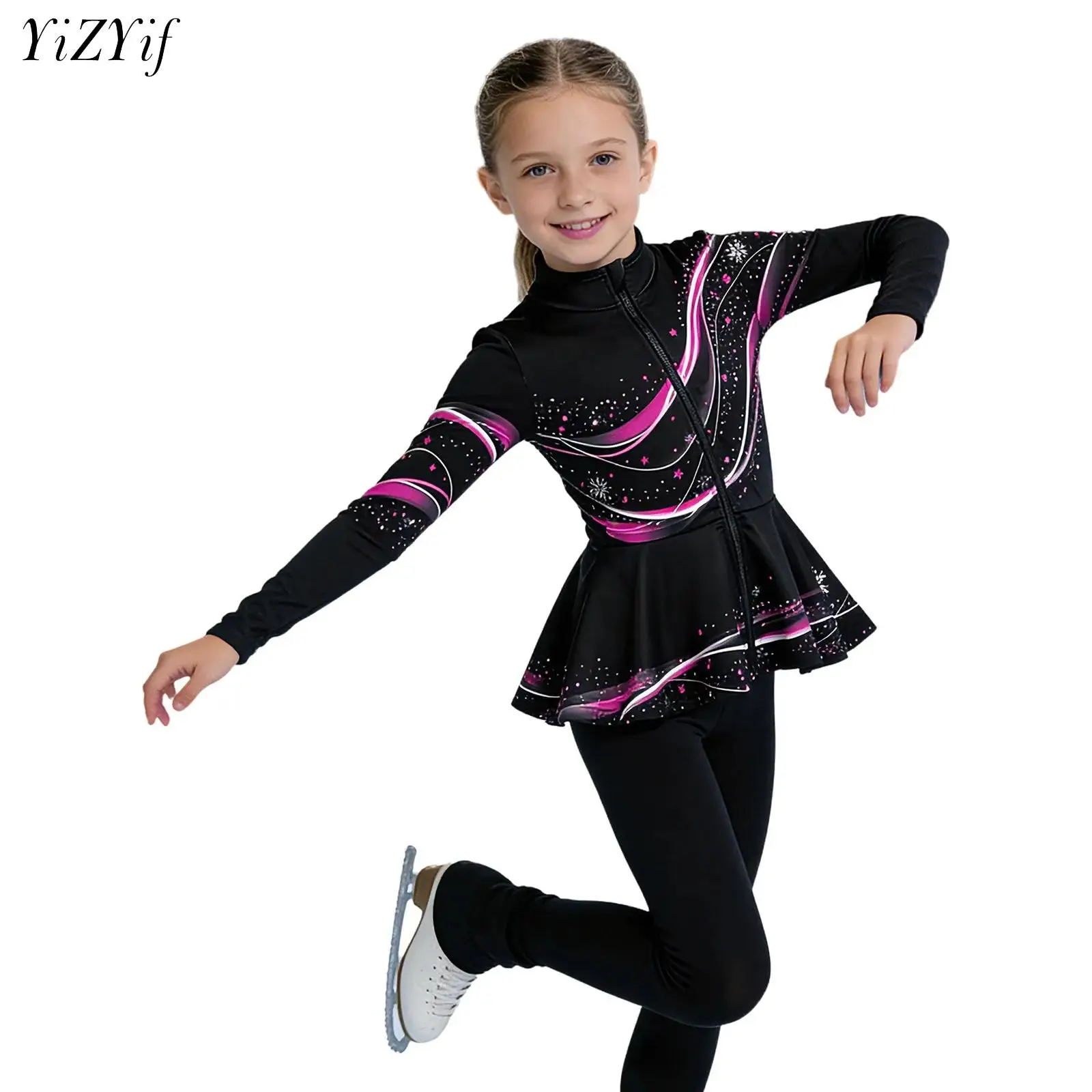 Children Girls Figure Skating Athletic Jacket Print Long Sleeve Zipper Peplum Tops Sweatshirt for Yoga Workout Gymnastics Dance