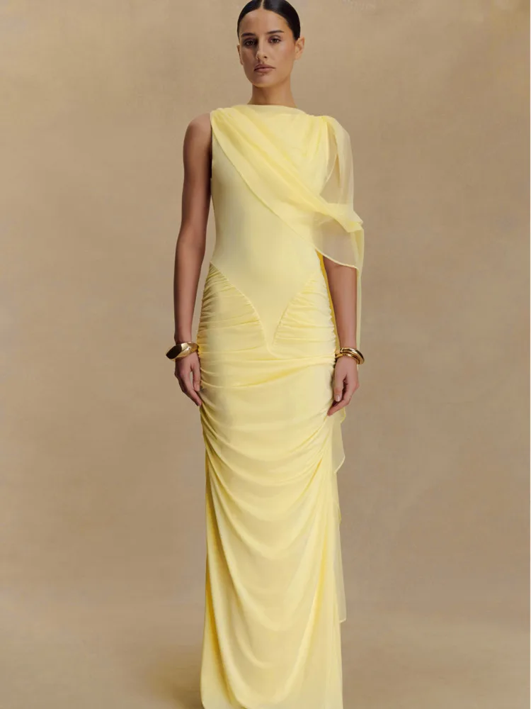 Articat Elegant Sleeveless Mesh Patchwork Bodycon Long Dress Women Double Layer Ruched Party Club Evening Dress Autumn New 2025