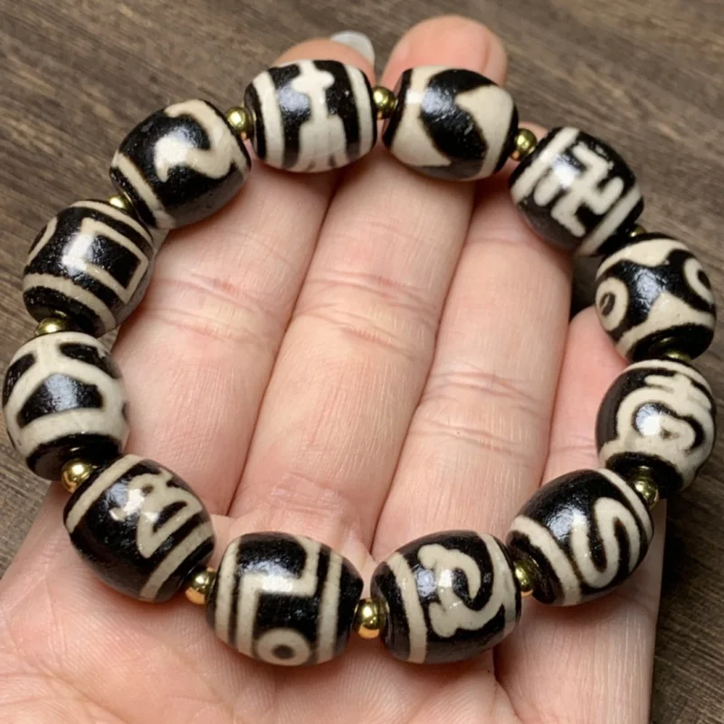 Boutique Old Agate High-Oil Coated Pulp Duobao Tibet Beads Bracelet Tibetan Black and White Pattern Men's and Women's Bracelet