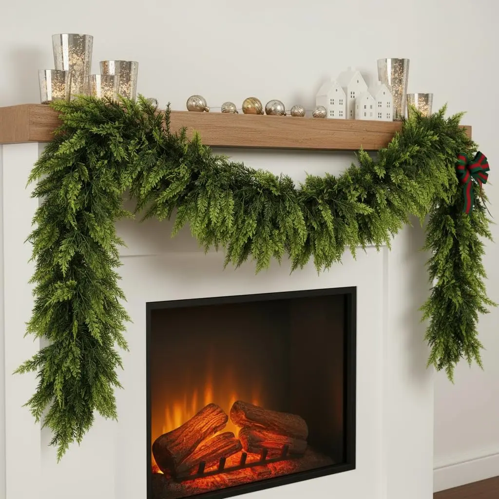 

2 Pcs 6 FT Christmas Garland, Real Touch Soft Greenery Pine for Mantle Table Fireplace Indoor Outdoor Decor