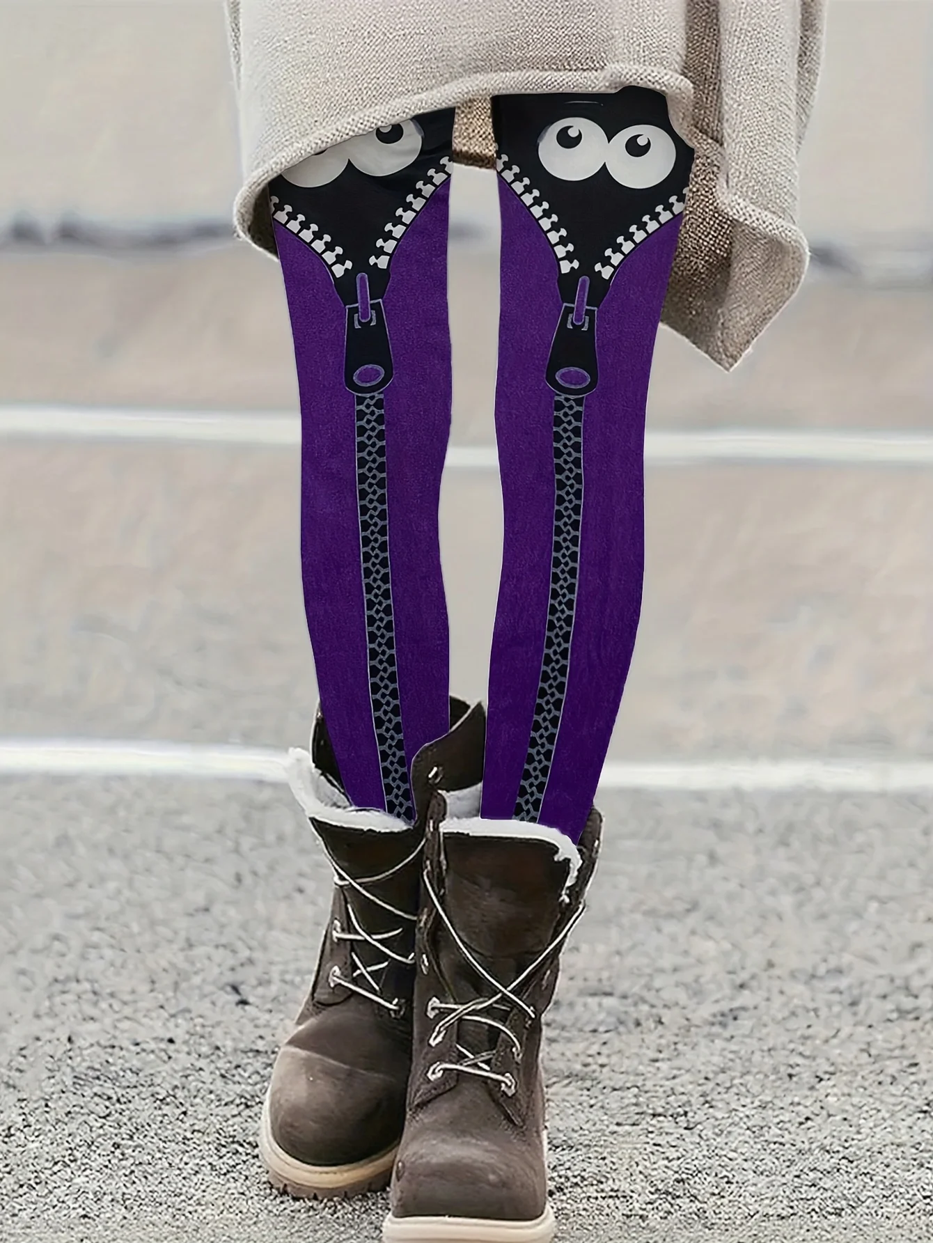 Women Fleece Lined Leggings Halloween Monster Eye Stripe Print Stretch Party Pants