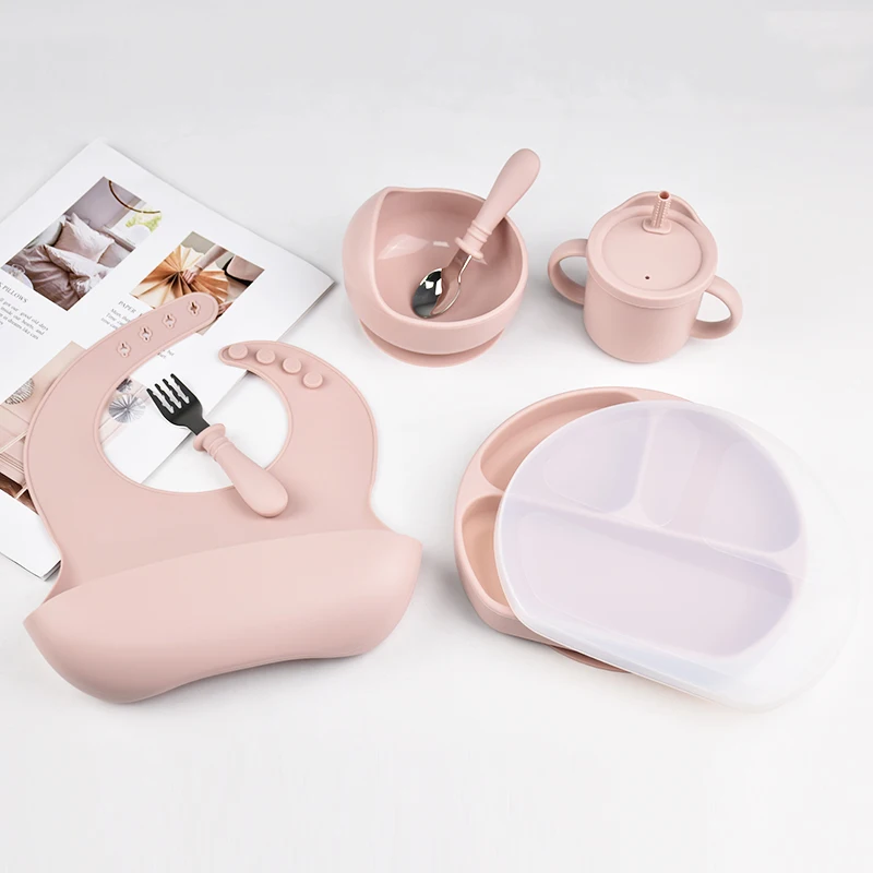 

Kids Silicone Plate Placemat 6Pcs Strong Suction Anti-Fall Baby Feeding Set Bowl Fork Spoon Training Tableware BPA Free