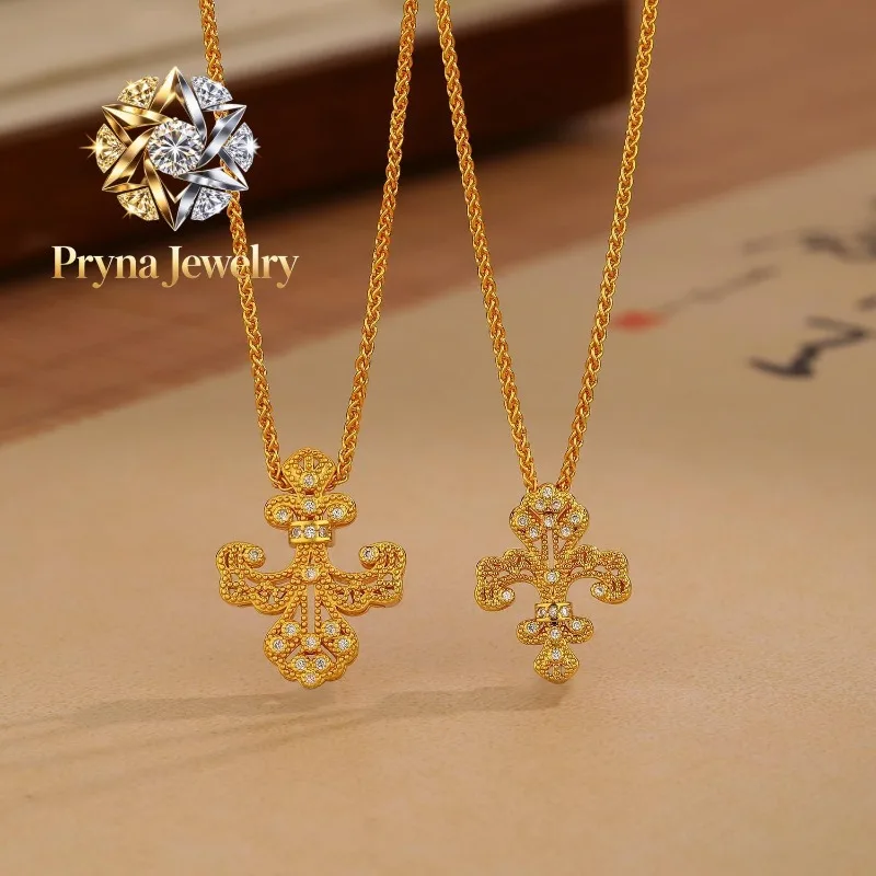 Pryna Jewelry  Light luxury 24K real gold Point diamond iris pendant necklace Fashion 999 pure gold high touch everything cross