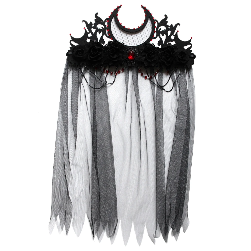 Gothic Crown Headwear with Black Veil for Halloween Costume Party Witch Masquerade Accessory Women Cosplay Stage Performance