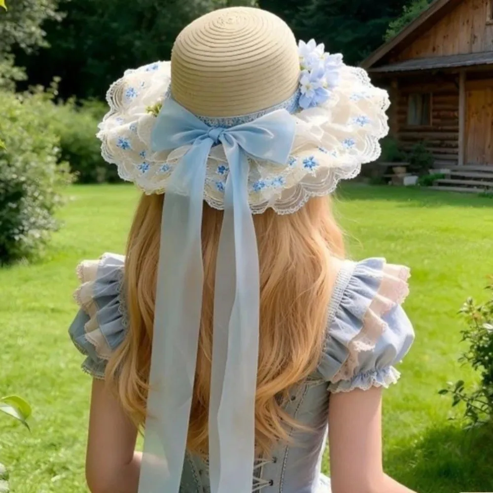 Floral Design Woman's Straw Hat Breathable INS Sun Protection Cap Wide Brim Sweet Lace Brim Sunshade Cap Beach Holiday